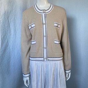 Karl Lagerfeld Beige Knit Cardigan Jacket with Black Accents